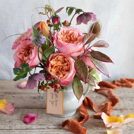 An arrangement featuring Edith (Auspluto) roses makes an exceptional gift.
