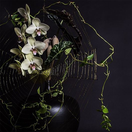 Design featuring green Phalaenopsis and spider-webbing made of chartreuse wire.