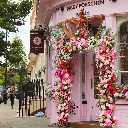 Peggy Porschen cake shop displaying floral decorations in light of the 2022 FHS Chelsea Flower Show.