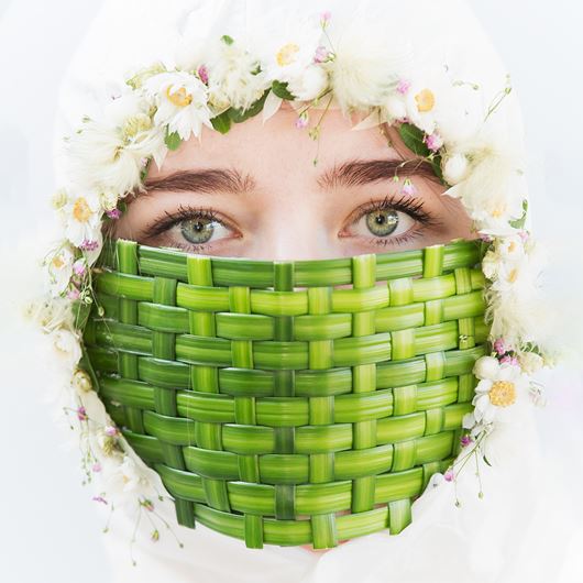 Floral face mask ensemble featuring Ophiopogon japonicus (dwarf lilyturf).