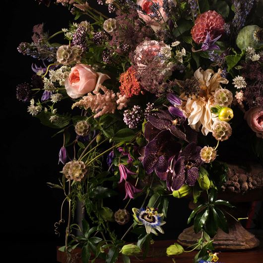 Moody centerpiece invokes elements of still life paintings of the Dutch Golden Age.