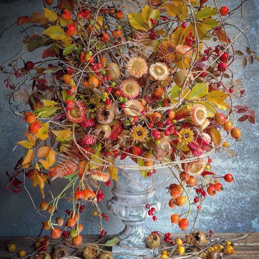 Striking fall arrangement by Johnny Crows Garden.