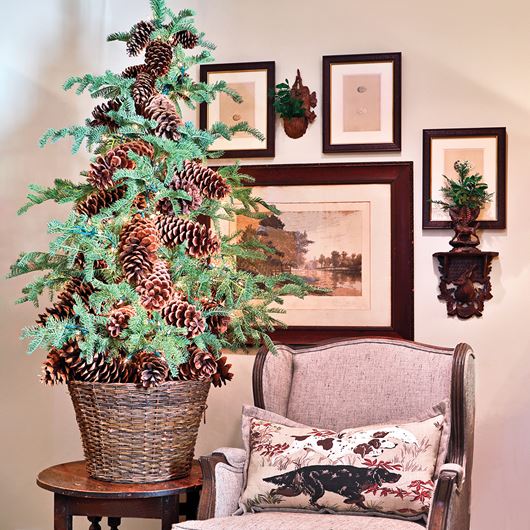 Natural evergreen branches pair beautifully with pinecones to create a rustic atmosphere.