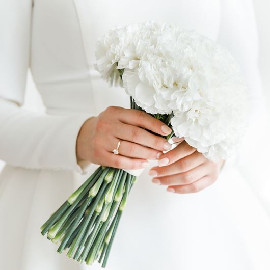Bridal bouquet featuring white carnations.