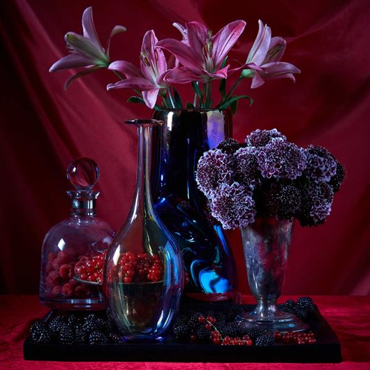 The rich jewel tones of this seasonal display capture the essence of winter.