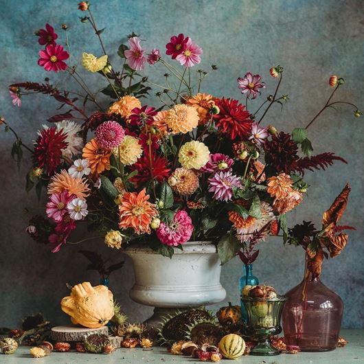 Stunning fall tablescape featuring Dahlias, Zinnias and other seasonal favorites.