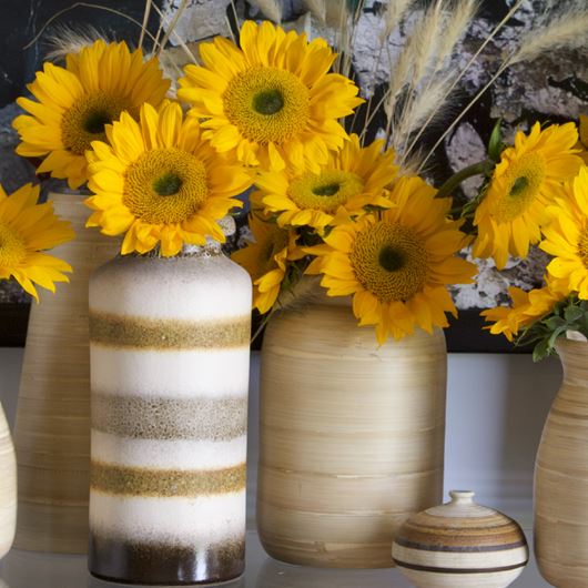 Sunflowers in assorted vases.